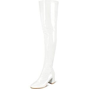 Women White Patent Leather PU Chunky Heel Over The Knee Square Toe Long Boot